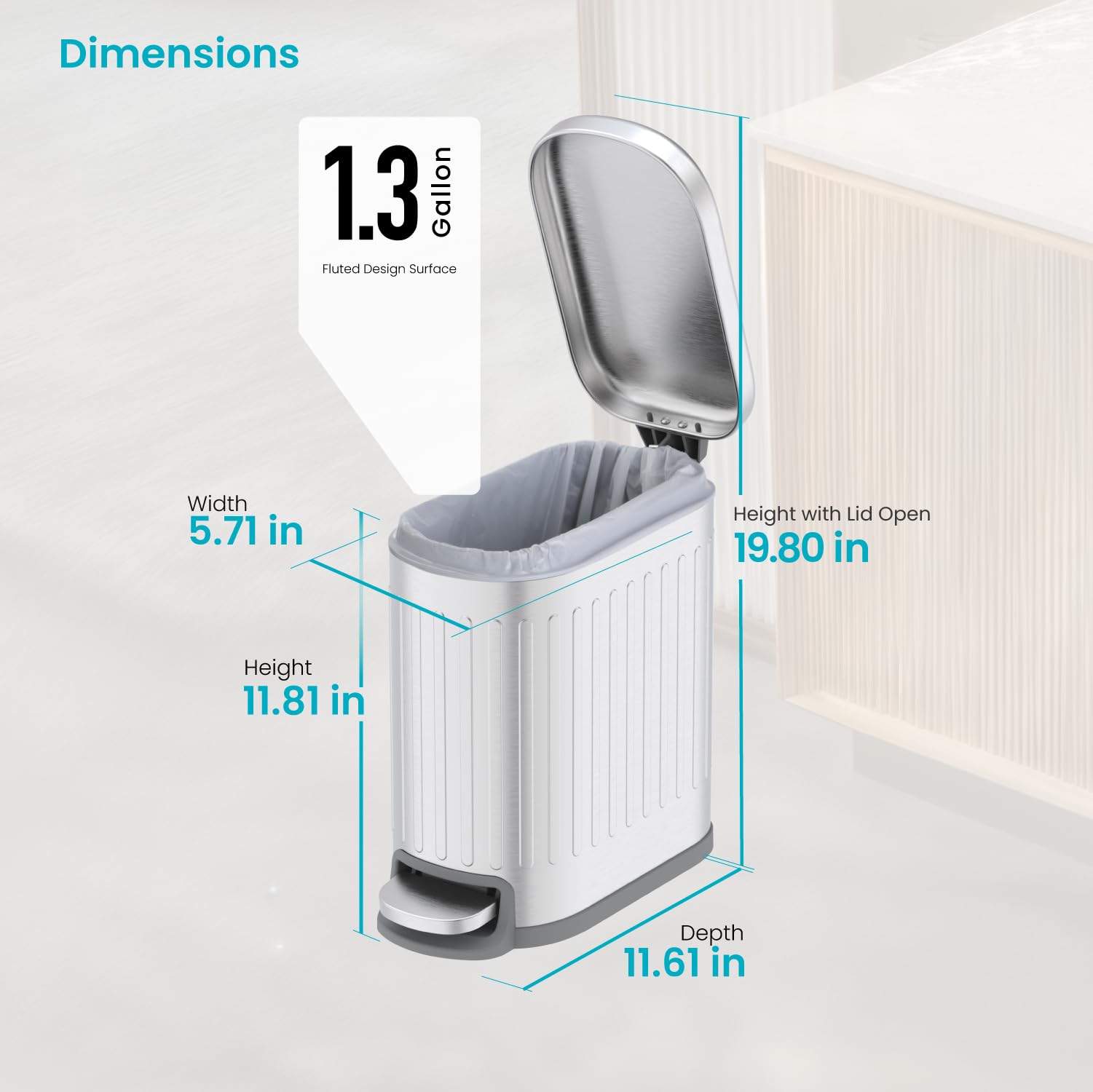 Home Zone Living Kleiner Mülleimer mit Deckel und Trittpedal, Edelstahl mit schlankem Rippen-Design, für Zuhause und Büro, silberfarben, 5 Liter