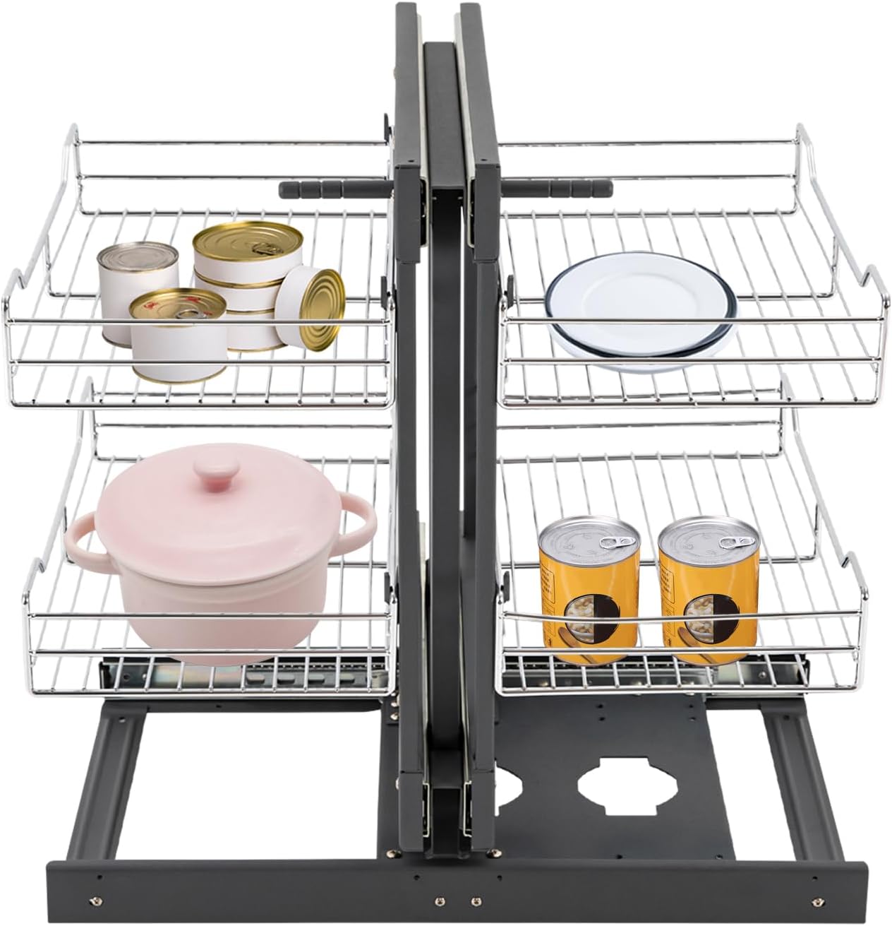 Blind Corner Pull-Out Organizer, 2-Tier Kitchen Corner Shelf for 36" Cabinet, Kitchen Drawers with 4 Large Pull Out Baskets and 2 Push-Pull Handle, Dark Gray, Silver