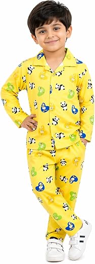 Rudra Unisex Premium Nightsuit Set, Co-ord Set, Yellow, Cute Panda &amp; Duck Print, Long Sleeve Shirt and Pyjama, Boys Girls ...