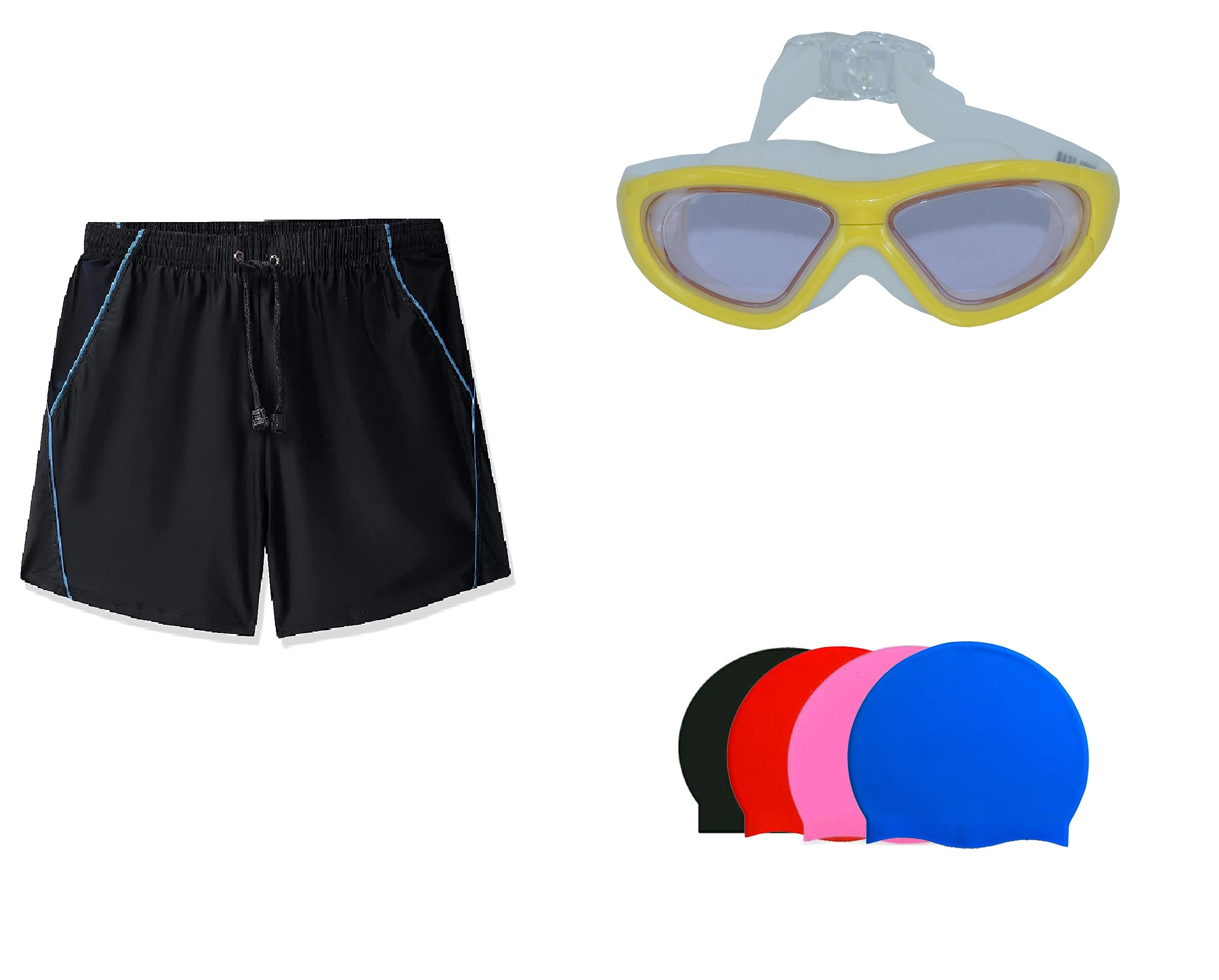 SWIMMING SHORTS V-216 BLACK BLUE PIPING SIZE 3XL WITH GOGGLES SILICONE IS-SG LARGE WITH BOX GREY AND 100% SILICONE SWIMMING CAP PLAIN RED-image-18