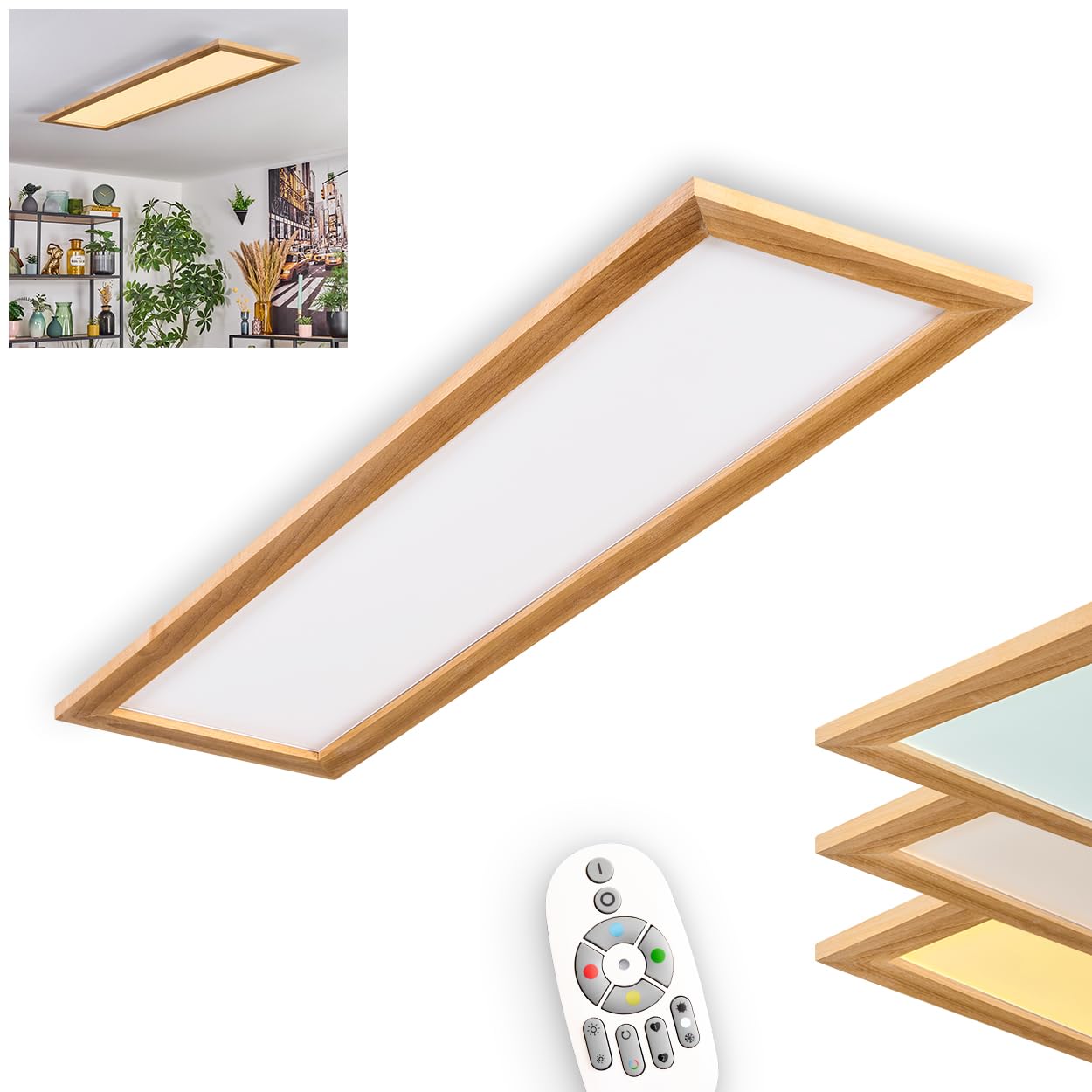 HOFSTEIN LED Deckenpanel Belan, dimmbare Deckenleuchte aus Metall/Holz/Kunststoff in Weiß/Natur, 37W, 3900L, 2700-6500 K, CCT einstellbar, Smart Home/App/Fernbedienung, Wohnzimmer, Schlafzimmer, Küche