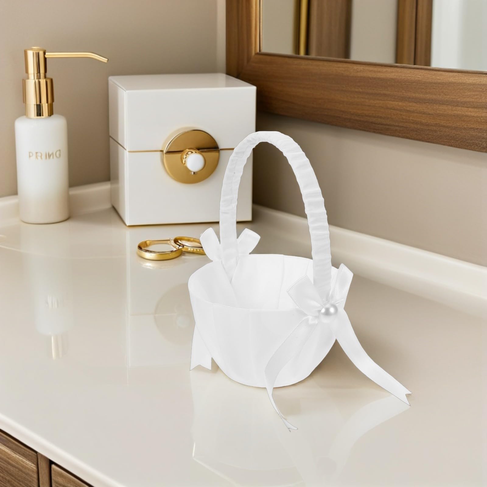 DOITOOL 4 Stück Weiße Satin Hochzeitsblumenmädchen Körbe mit Perlen und Schleife Eleganter Blütenkorb für Hochzeitszeremonien und Romantische Anlässe