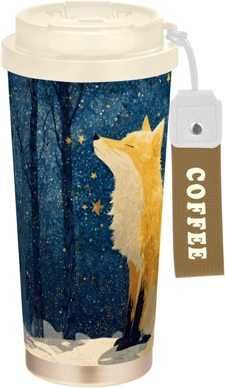 Insulated Coffee Mug Fox Forest Starry Night with Straw & Flip Lid, 16.9oz Iced Tumbler Cup, Double Wall Vacuum Mug for Travel Office Camping