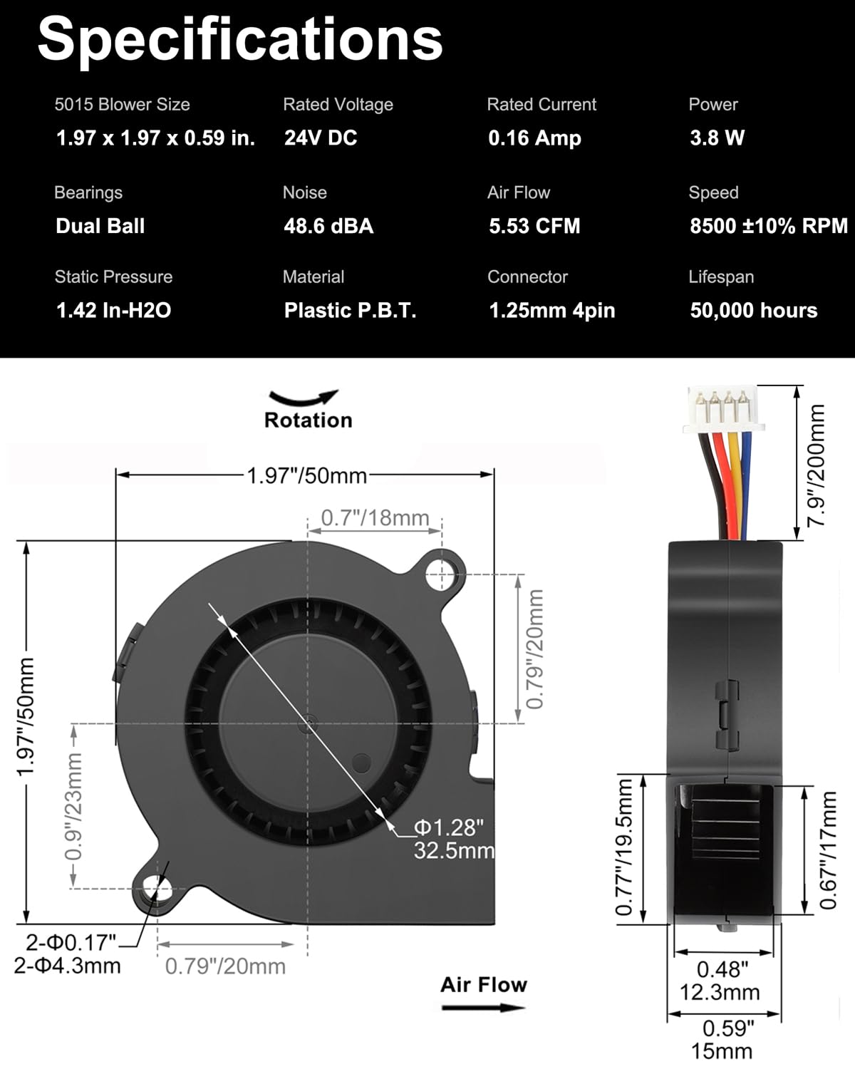 GDSTIME Ventilador de 24 V 5015 PWM, rodamiento de bolas dual, paquete de 2 | 50 x 50 x 15 mm, conector de 4 pines de 1,25 mm, 8500 RPM de alta velocidad, ventilador turbo sin escobillas CC