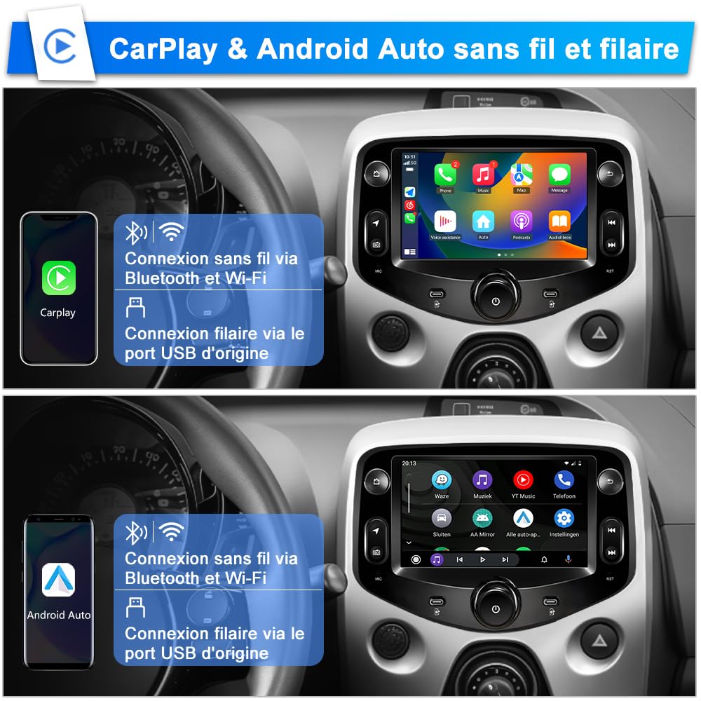 AWESAFE Autoradio Android 15 pour Toyota Aygo/Peugeot 108/ Citroën C1 (2015-2020), Écran 7 Pouces 2Go+64Go, CarPlay & Android Auto, GPS WiFi Bluetooth, Commandes au Volant, Caméra de Recul Incluse