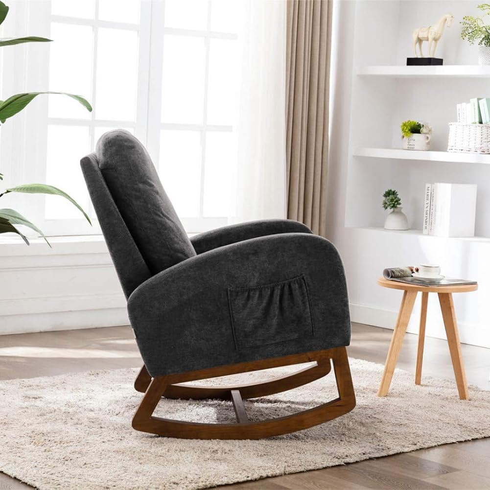 Shally Dogan Poltrona a Dondolo in Tessuto con Struttura in Legno Resistente, Sedia Ergonomica Relax Deluxe Premium Dondolante Ideale Soggiorno, Camera da Letto, Ufficio, Cameretta, Salotto (Grigio)
