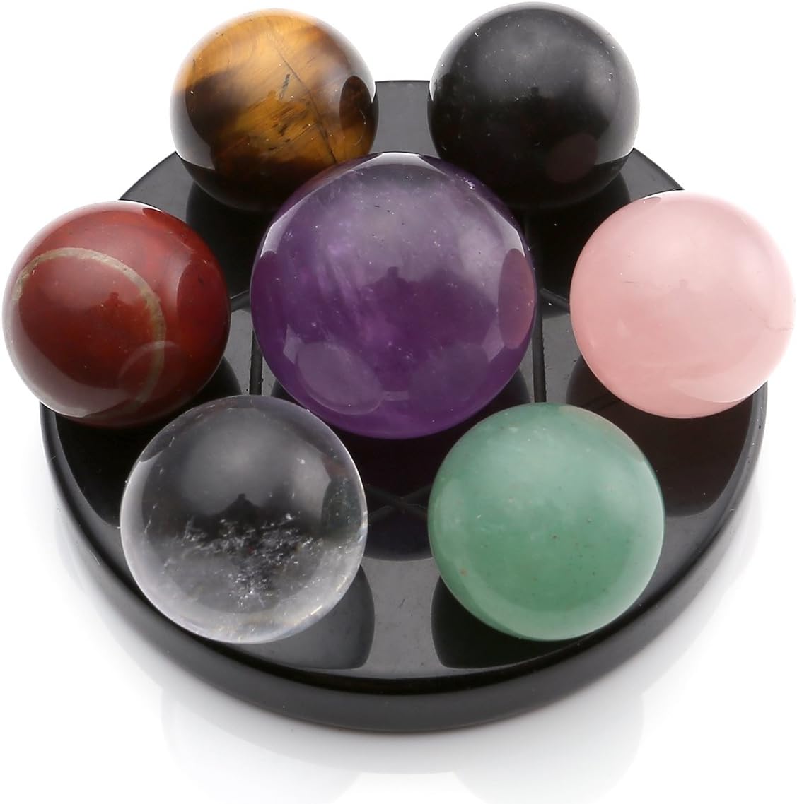 QGEM Natural Healing Gemstone Sphere Round Seven Networks 7 Chakras Stones Ball and Tray Set for Home Decoration/ Feng Shui /Table/ Office/ Living Room-15mm