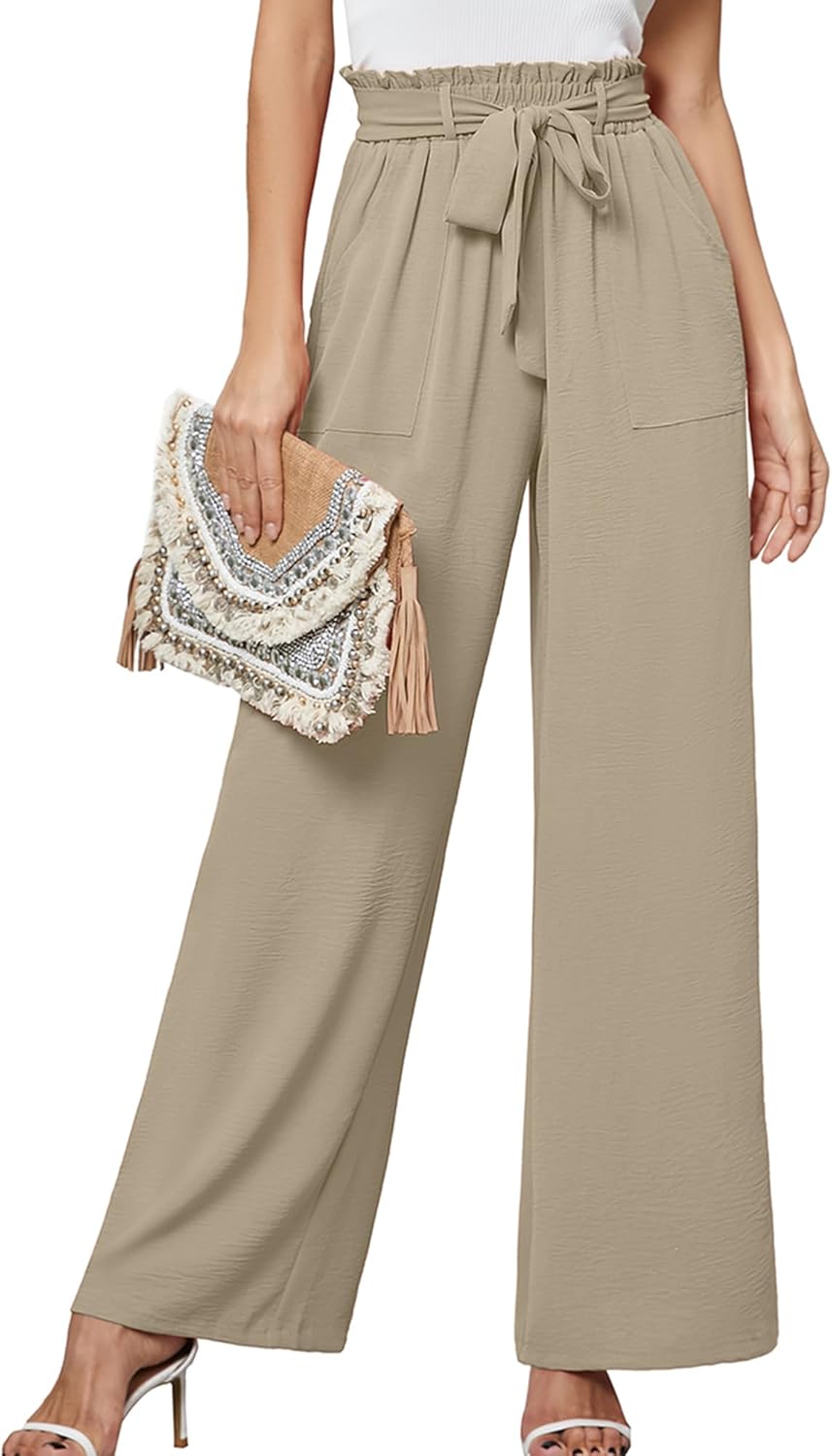 Heymoments Women's Wide Leg Lounge Pants with Pockets Lightweight High Waisted Palazzo Adjustable Tie Knot Flowy Trousers