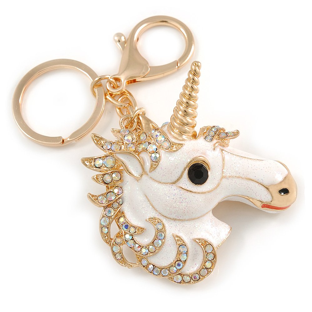 AB Crystal, White Enamel Glitter Unicorn Keyring/ Bag Charm In Gold Tone Metal