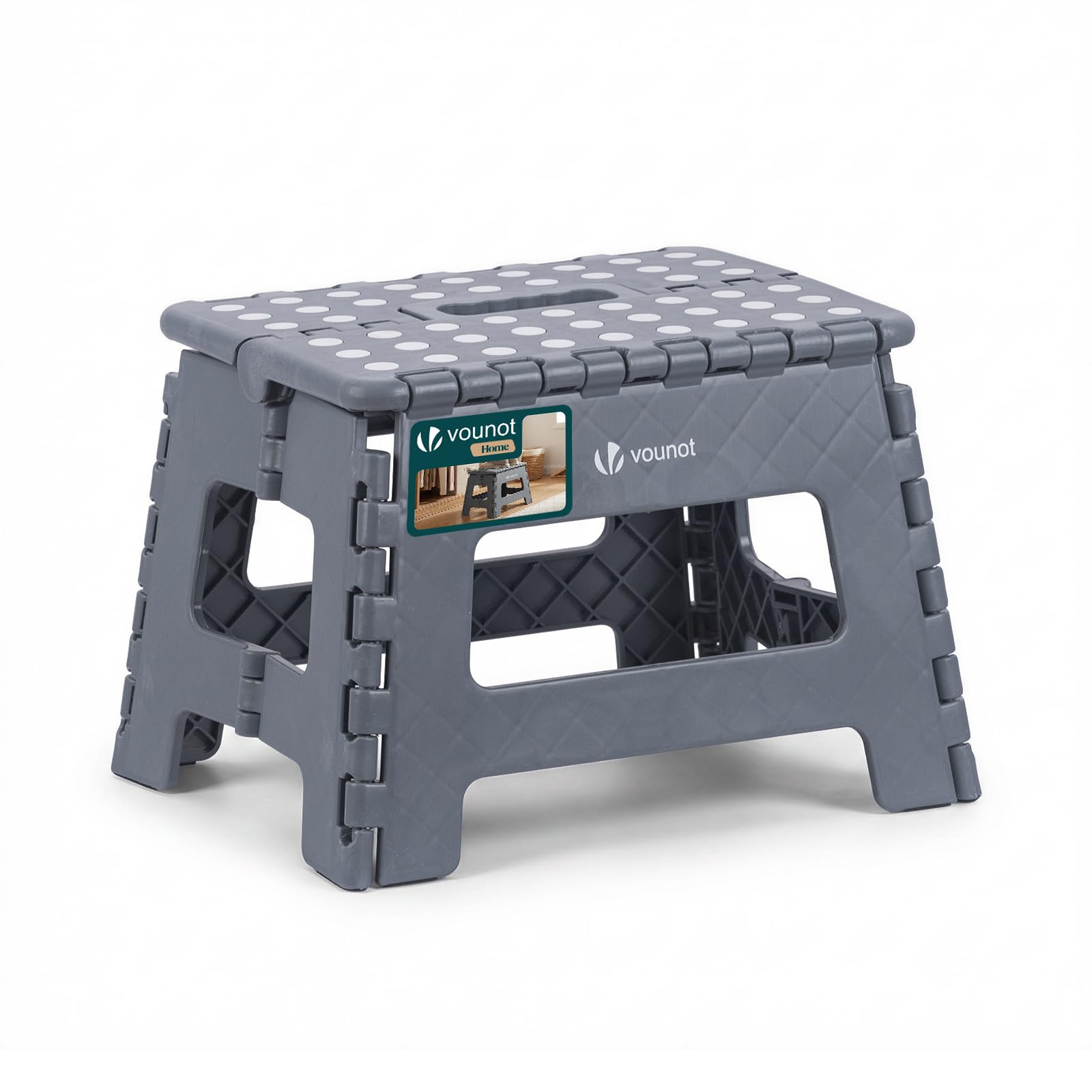 VOUNOT® Folding Step Stool, Portable Stepping Stool with Carrying Handle, Anti-Slip Folding Stool for Bathroom, Garden, Camping, Home, 32 x 25 x 22 cm, Grey