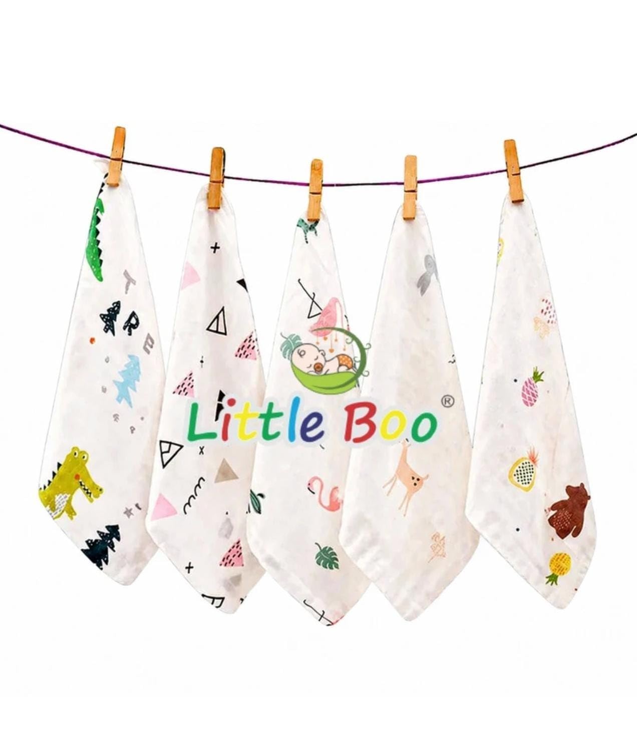 Little Boo Muslin Face Hankies/Towels for Newborn Baby Extra Soft Reusable Napkins for Infants Toddlers/Kids (Pack of 5) White Printed.-image-35