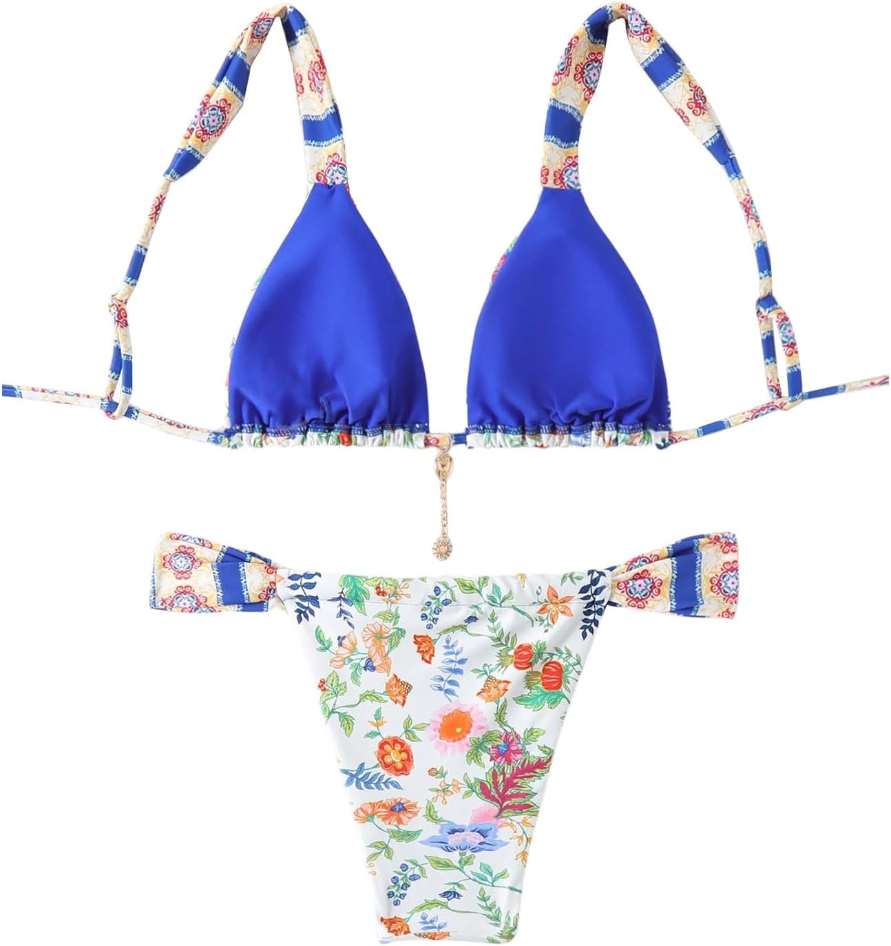 MakeMeChic Women's Floral Print 2 Piece Bikini Sets Tie Back Triangle Thong Bathing Suit Swimsuit - Image 2