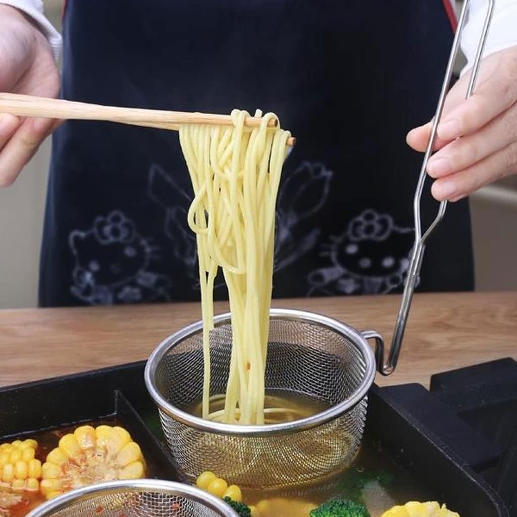 ENGENDER Strainer with Handle Kitchen Hot Pot Colander Stainless Steel Mesh Cooking Skimmer Strainer Basket for Pasta Fried Food Dumpling with Hook Handle(11.61x4.53x3.74in)