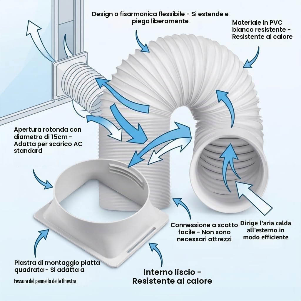 Tubo di scarico portatile AC con connettore quadrato, diametro 15 cm, ABS e polipropilene, lunghezza regolabile per camera da letto, soggiorno, ufficio