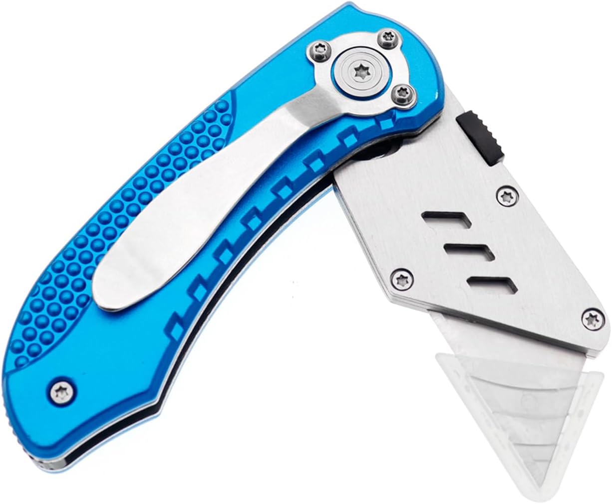 Utility Knife Folding Safety Lock & Quick Change with 10 Extra SK5 Replacement Blade Lightweight Aluminum Handle & Pocket Clip Multi-Use Box Cutter Office Home Art Diy Great Gift Choice (Blue)