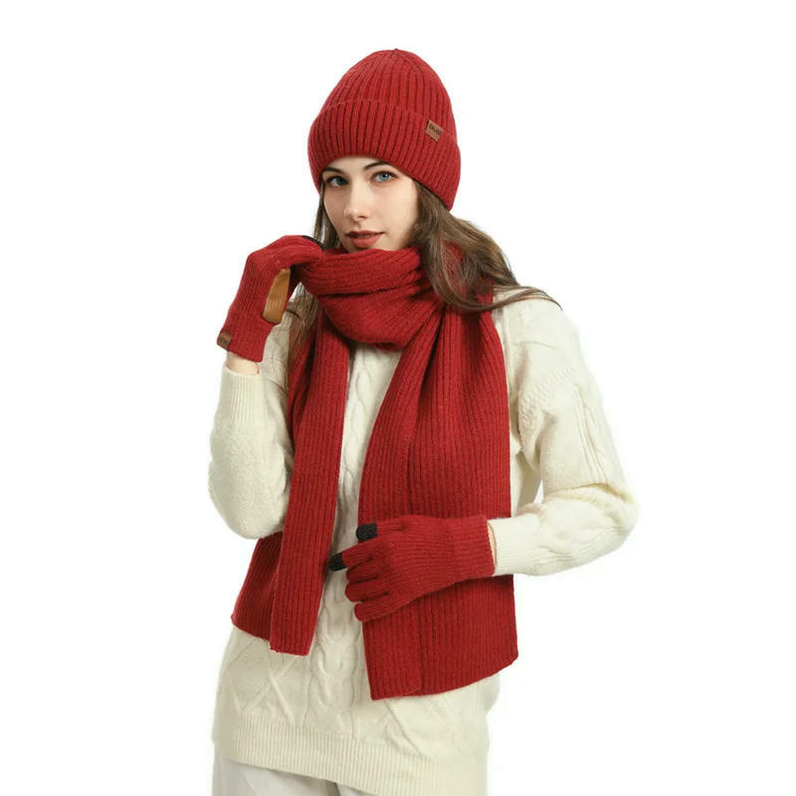 Mütze,Schal & Handschuh-Sets 3 Teile Satz Winter Frauen Beanie Hut Lange Schal Handschuhe Set Warme Gestrickte Für Außerhalb Sport Skifahren Laufen-Burgund-einheitsgröße