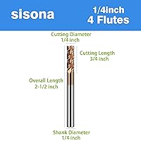 Vista 2 de Brocas de carburo de punta cuadrada de 1/4 pulgadas, 4 flautas, diámetro de 1/4 pulgadas, longitud total de 2-1/2 pulgadas, afilado, duradero, corte