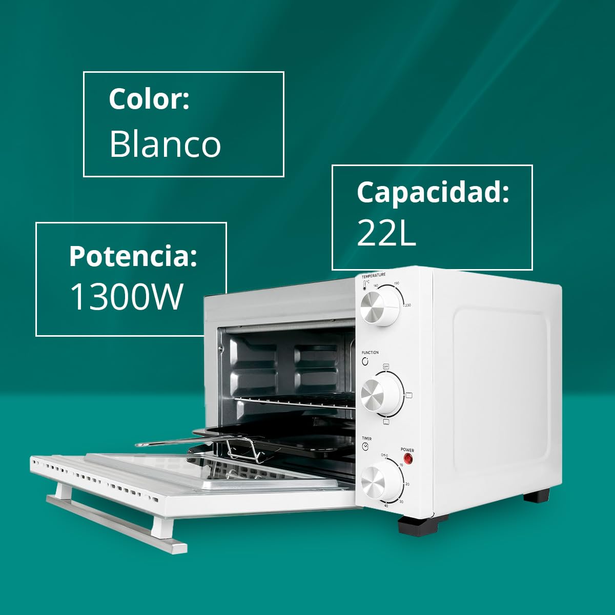 Kubo Mini Horno Eléctrico de Sobremesa 22 L Blanco, Temperatura Regulable, Temporizador 60 Min, 3 Opciones de Calentamiento