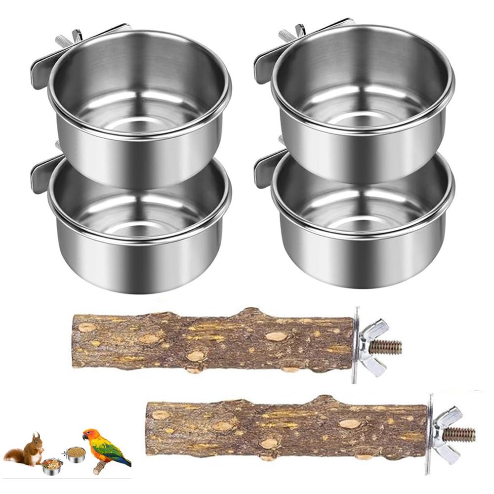 Granmagazz Parrot Feeder, 4pcsPet Feeder, Bird Feeder for Cage, Parrot Feeding Cups Birds Food Dish 2 pcs Perches,10X 4.5 cm, Stainless Steel Parrot Feeders Water,for Parrot Parakeet Lovebird