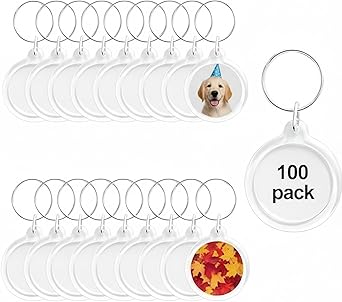 100pcs Circular Acrylic Keychain Blank, Round Clear Photo Keyring Insert for DIY Crafts, Transparent Picture Frame Holder for Wedding Bridal Party Favors & Small Business Branding