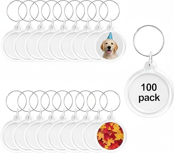 100pcs Circular Acrylic Keychain Blank, Round Clear Photo Keyring Insert for DIY Crafts, Transparent Picture Frame Holder for Wedding Bridal Party Favors & Small Business Branding