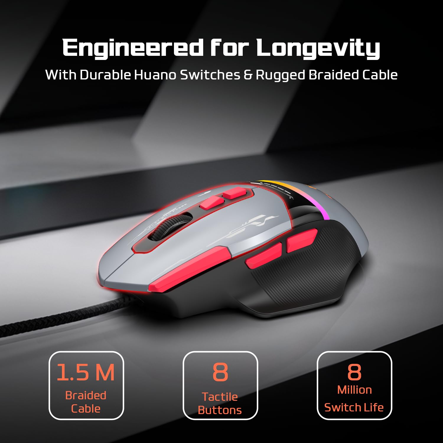 EvoFox Blaze 2 Wired Gaming Mouse | High Performance 1000Hz Polling Rate, Upto 12,800 DPI, RGB Lighting, 8 Programmable Buttons, Software Support with On-Board Memory, Durable Huano Switches — Amazon image 6