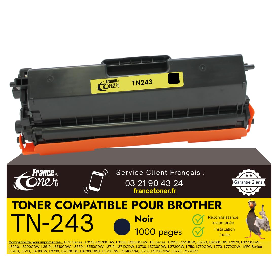 TN-243 Toner Compatible pour Brother TN243 Noir | Cartouche Haute Qualité pour Imprimante Laser, HL L3230CDW MFC L3710CW L3750CDW L3770CDW DCP-L3550CDW DCP L3510CDW