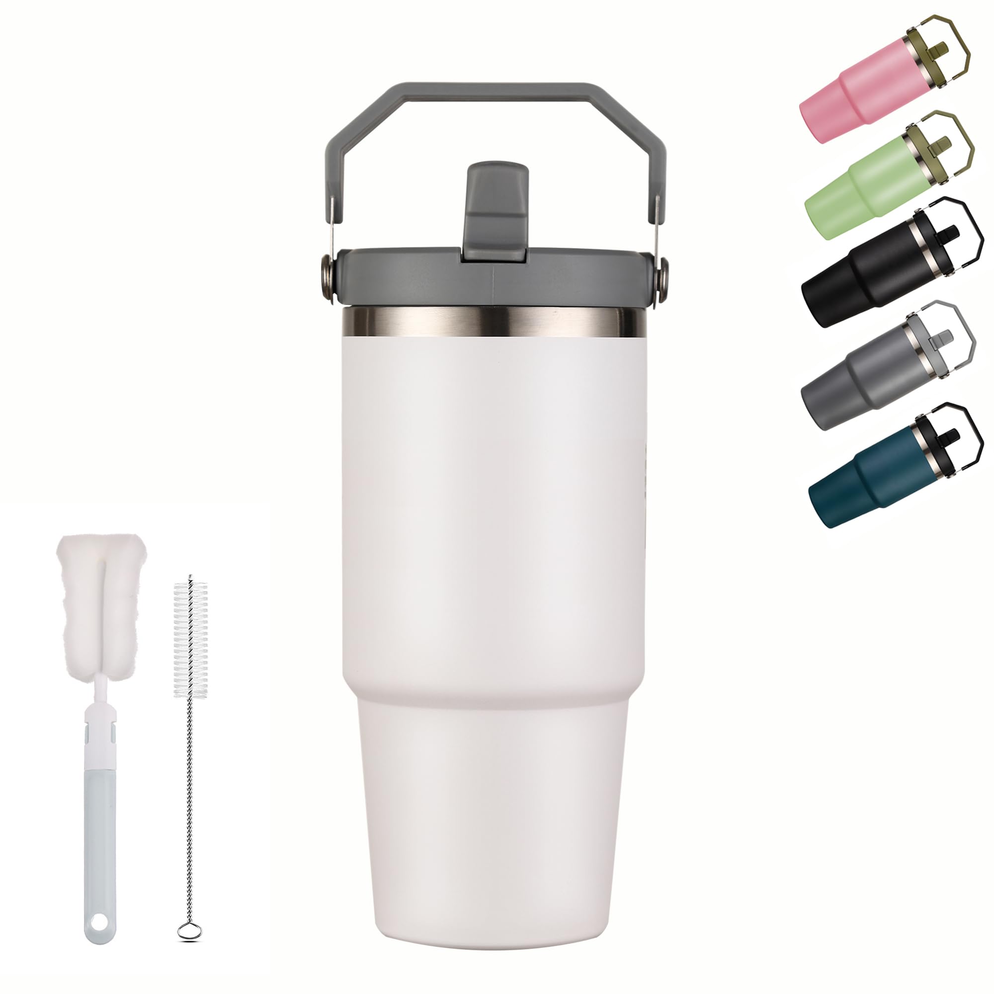 XIXIAMI Travel Mug with Handle 600ml-20oz Insulated Tumbler with Straw & Lid Leakproof Coffee Mug for Hot or Iced Drink |Stainless Steel Thermos Cup-White