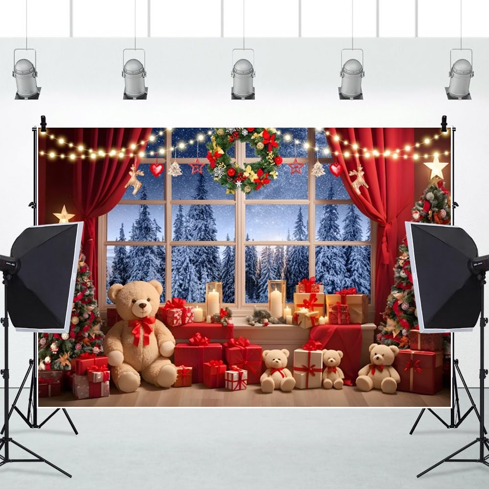 3x2.5m Toile de Fond Photo de noël Hiver forêt Neige Luxe Arbre de noël Photographie Fond Rideau Rouge Couronne de pin Nouvel an Famille fête décors Adulte Portrait Photo Accessoire