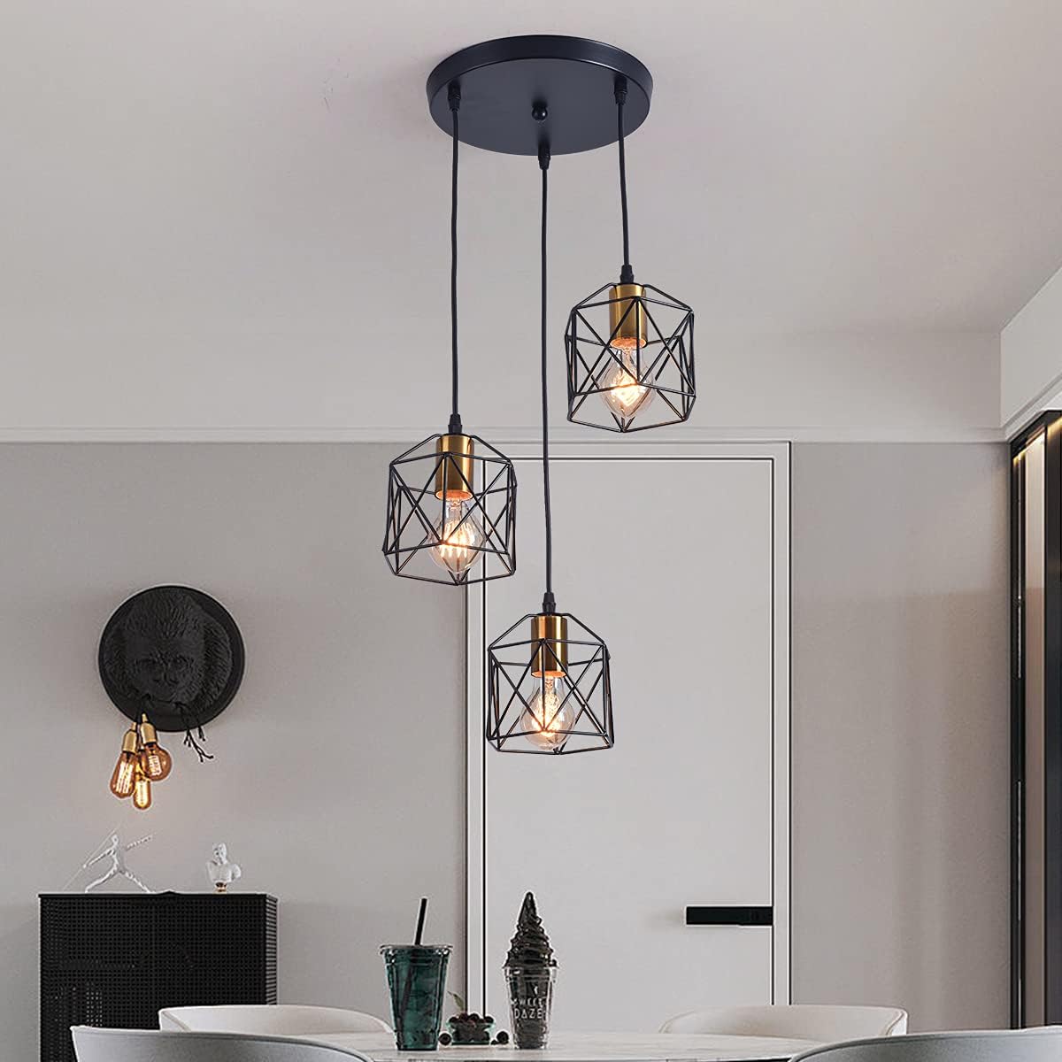 Oninio Industrial Pendant Light, 3-Light Vintage Farmhouse Metal Caged Chandeliers, Adjustable Ceiling Black Pendant Light Fixture,Gold Antique Hanging Lighting for Kitchen Island Dining Room Bar