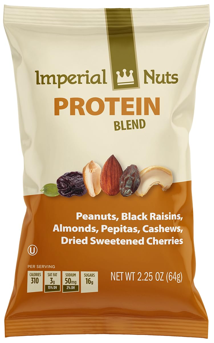 Protein Blend (18 Pack) – Peanuts, Black Raisins, Almonds, Pepitas, Cashews, Dried Sweetened Cherries, 2.25 oz – High Protein, Healthy Snack Mix - Imperial Nuts