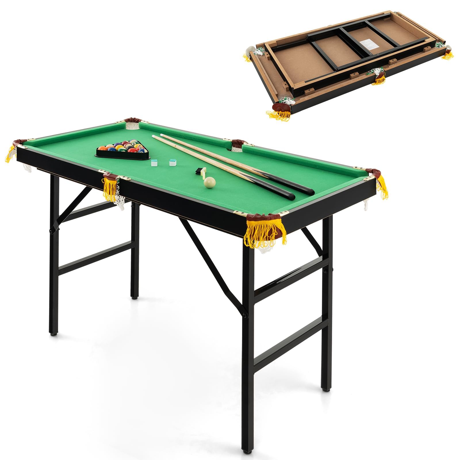 COSTWAY Billardtisch klappbar, Billiard Tisch mit Zubehör, Pooltisch mit 2 Queues, 2 Kreiden, Dreieck & Bürste, Tischbillard aus Holz, Snookertisch für Kinder, Erwachsene, 122 x 64 x 78 cm