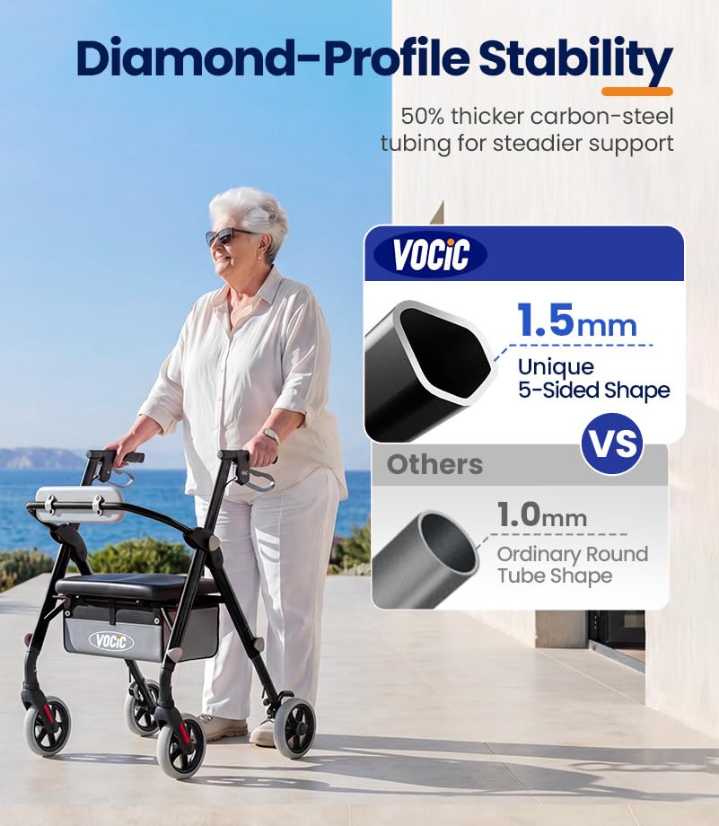 Image of VOCIC Z11 Rollator Walkers for Seniors with Seat, 500 LBS Load, Ultra Wide | High-capacity support, 23 inch wide frame, ergonomic seat, dual brakes, and slim fold for home, shopping & daily walks, Black