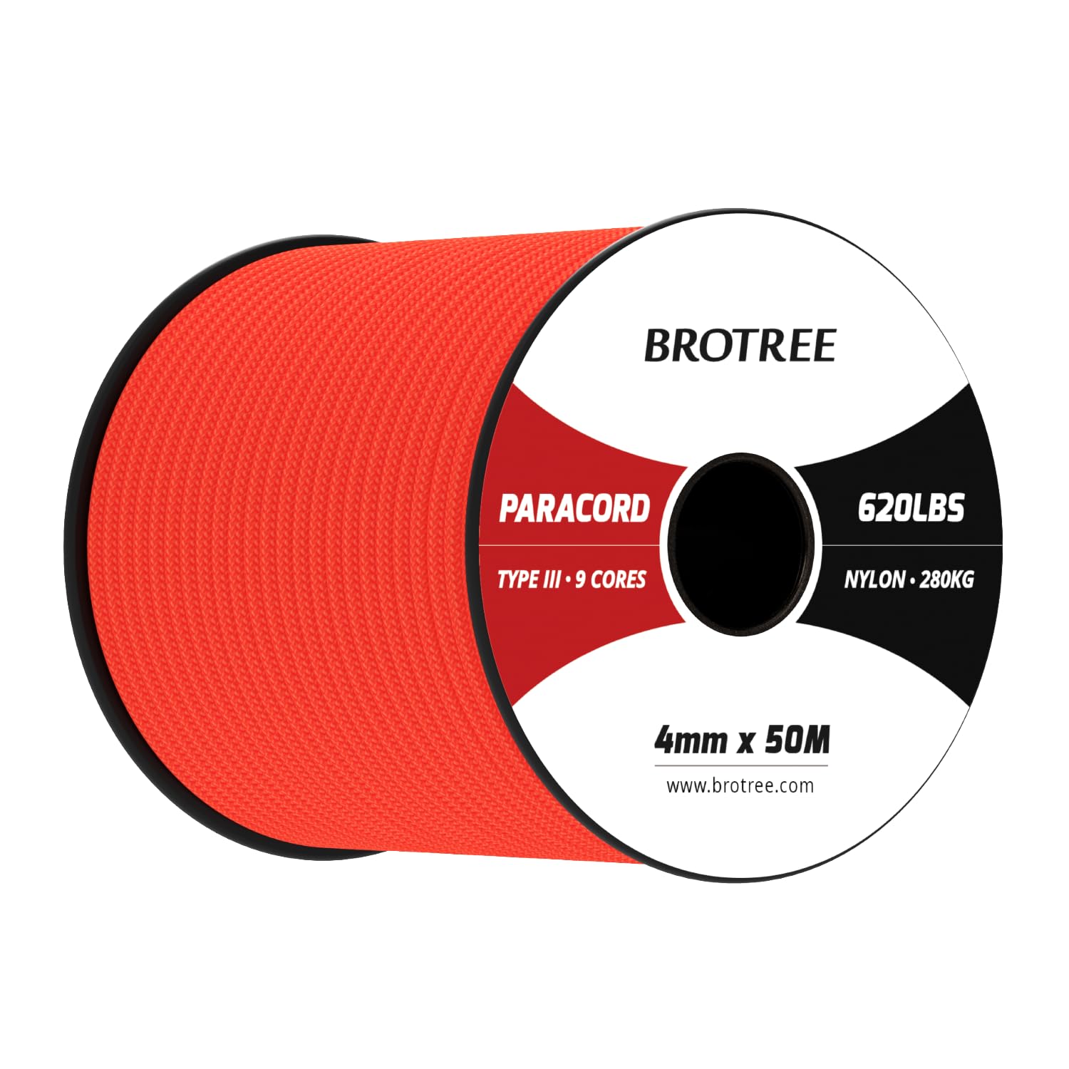 Brotree Paracord 4mm 50M 9 Strands 100% Nylon Rope Type 3 Parachute Cord for Outdoor, Bracelet, DIY - 280kg Breaking Load (Neon Orange)