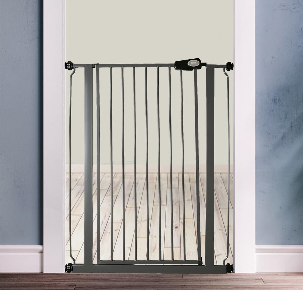Safetots Extrahohes schmaler Metall-Sicherheitsgitter, Druckmontage, 68.5cm - 75cm, Schiefergrau, 104cm Höhe, Extrahohes Treppengitter, hohe Gitter fuer Babys, Einfache Installation