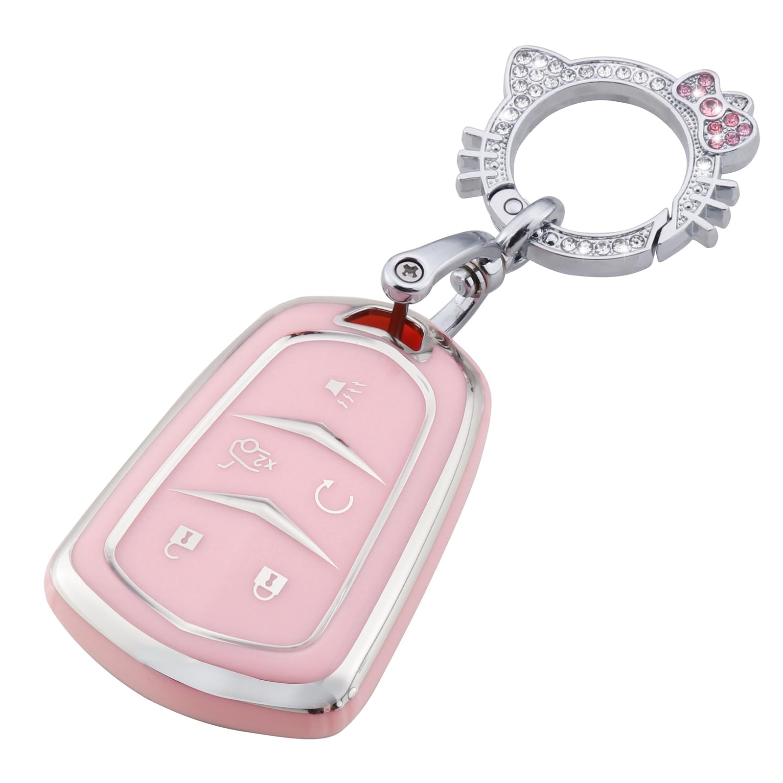 Pink Key Fob Cover for Cadillac, Soft TPU Key Case Protection with Bling Keychain Fit for Cadillac Escalade CTS SRX XT5 ATS CT6 5 Buttons Smart Key Case