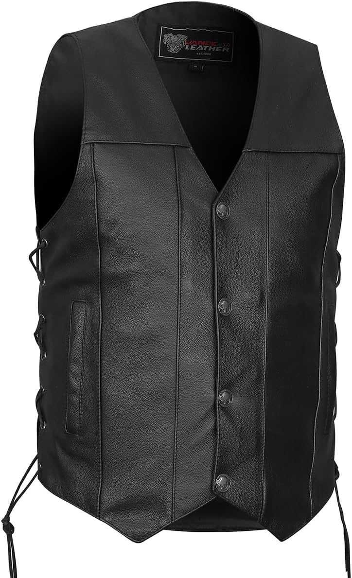 Mens Leather Motorcycle Vest with CCW Pocket, Black Premium Leather Vest for All-Weather Motorbike Riding