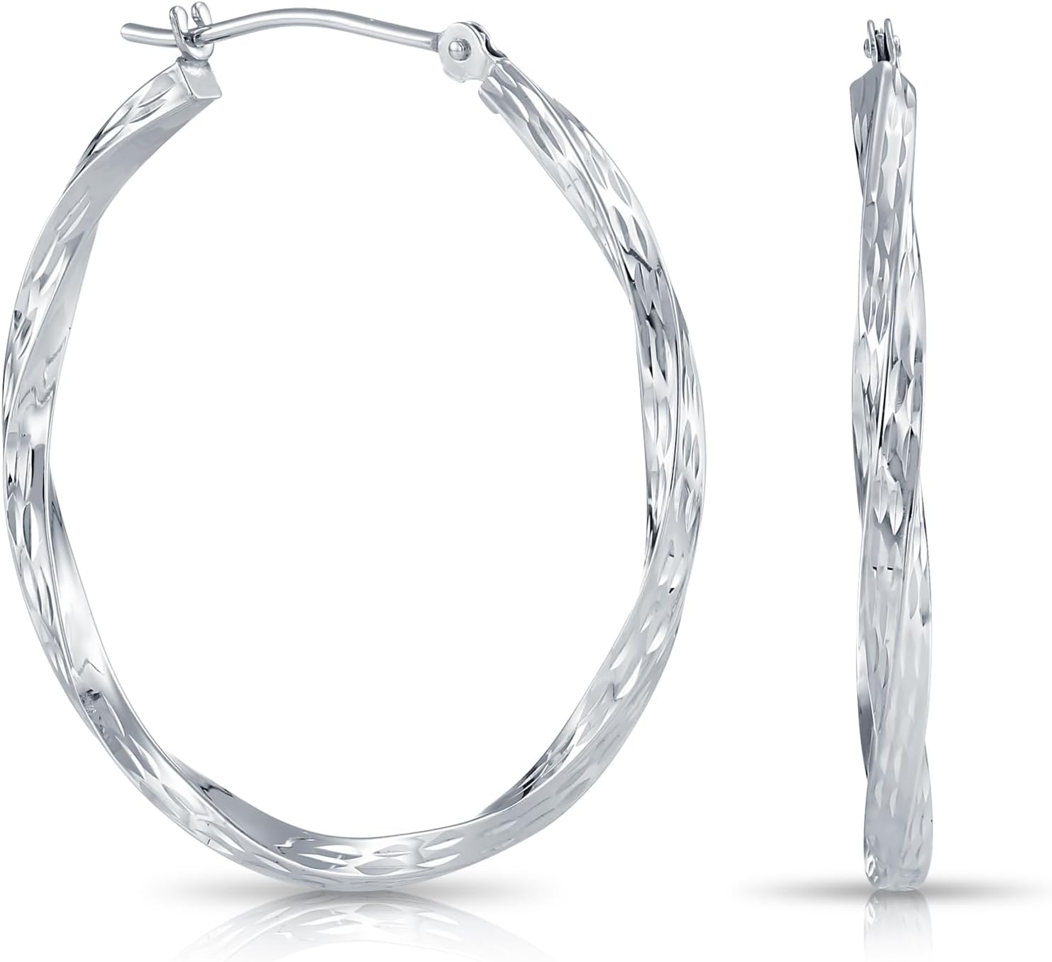 10K White Gold Diamond-Cut Twisted Round Hoop Earrings