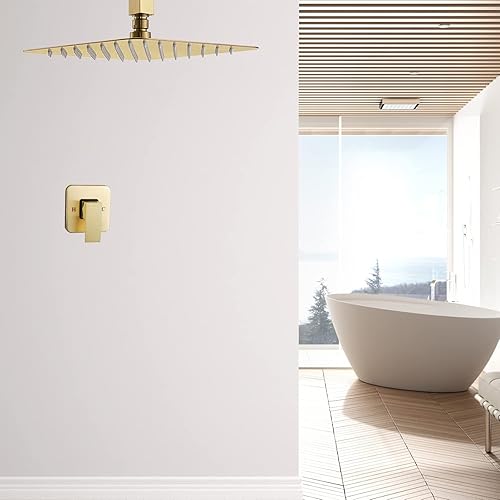 Miniatura 4 de GGStudy - Sistema de ducha de techo dorado cepillado, grifo de ducha de lujo, mezclador de lluvia, sistema de cabezal de ducha de 10 pulgadas con