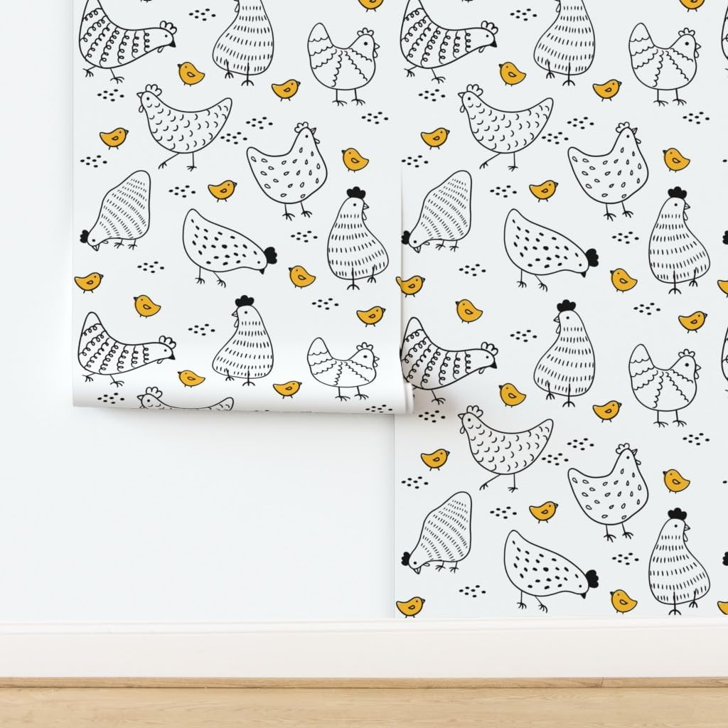 Spoonflower Removable Wallpaper 3ft x 2ft - Chickens Minimalist Bird Black White Farm Coop Nature Custom Pre-Pasted Wallpaper