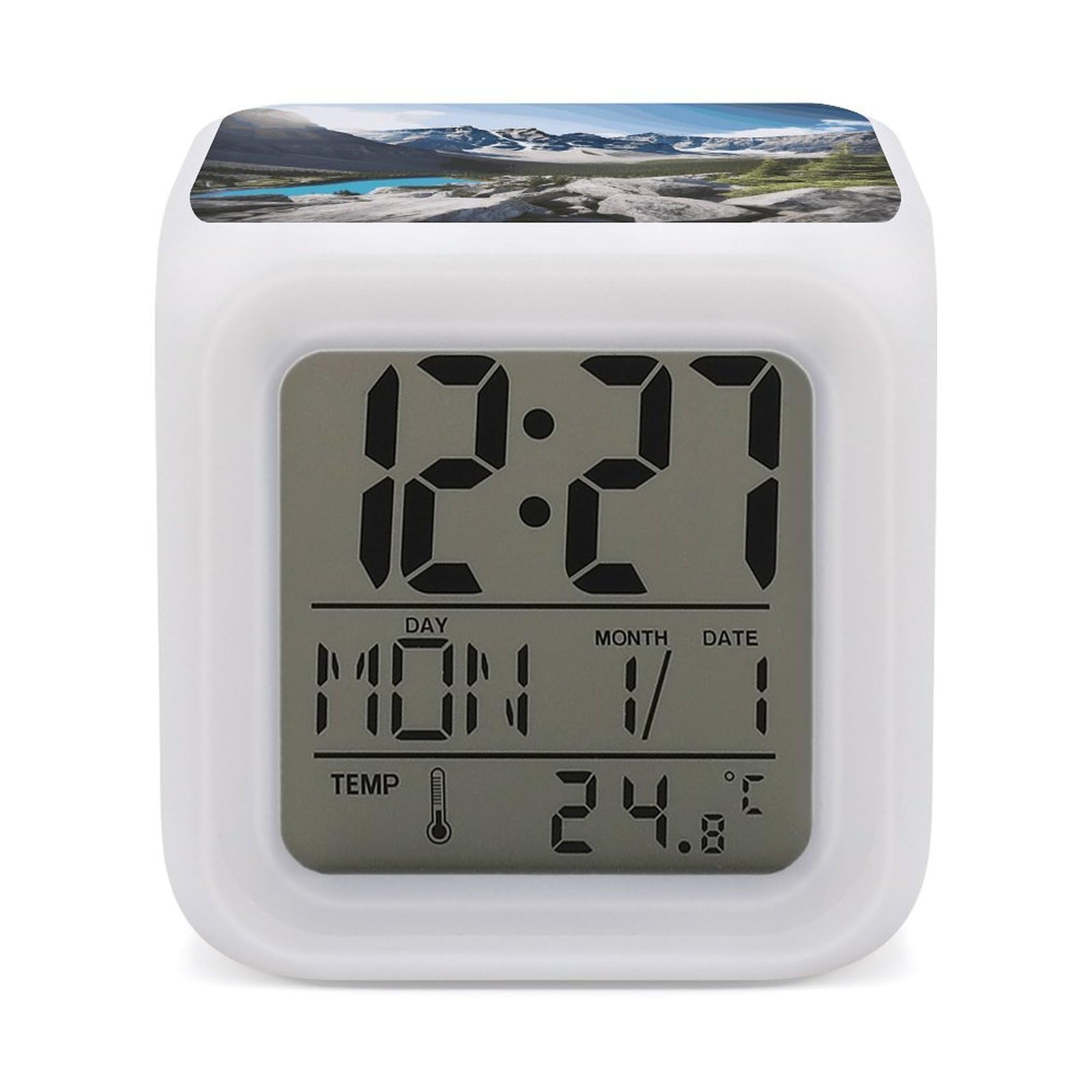 JTREHY Mountains Alarm Clock Seven Color Night Light Digital Clock Precision Reliable Alarms Clocks for Bedroom Heavy Sleepers Adults Gift for Men and Women