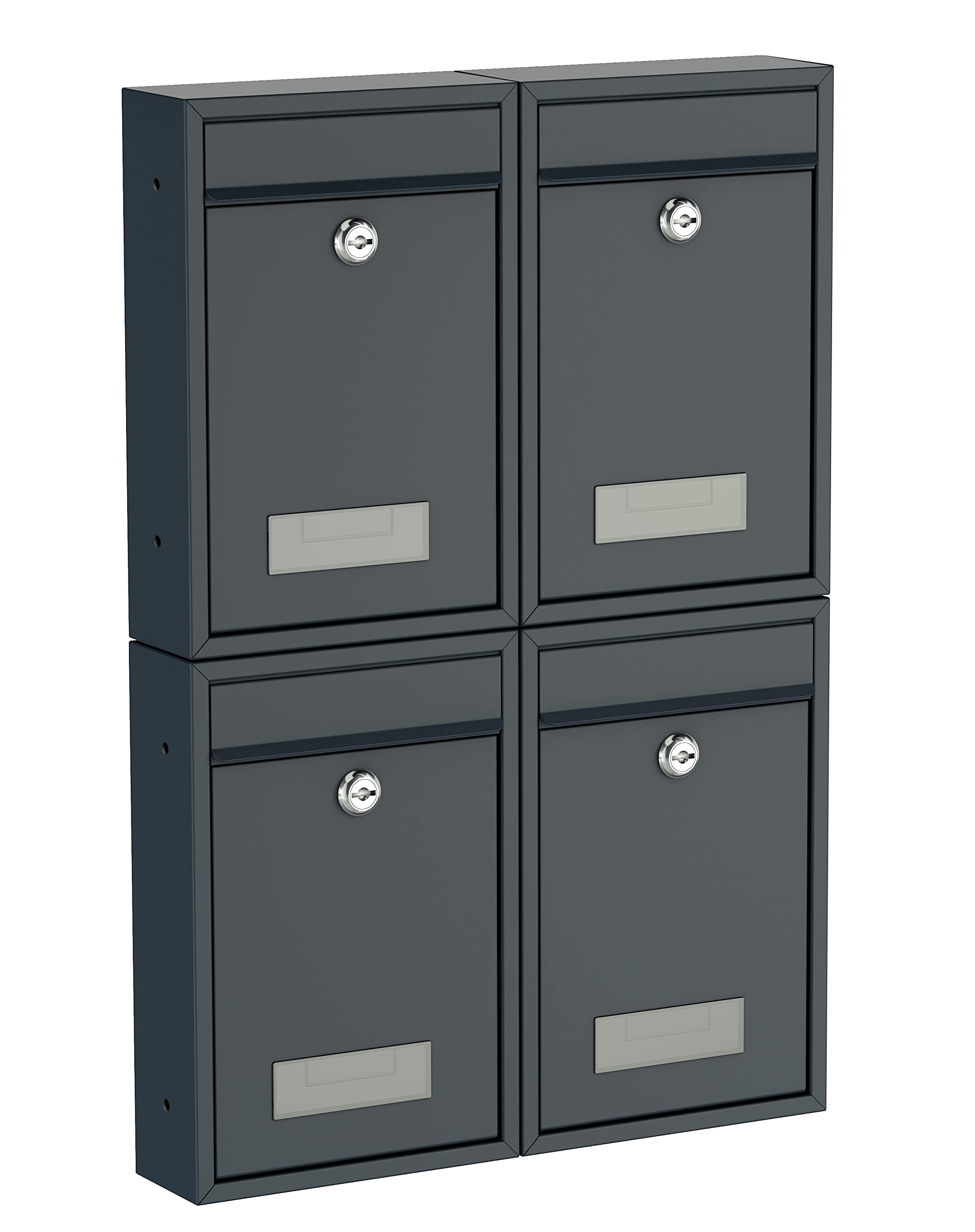 BASI | Lot de 4 boîtes aux Lettres murales compactes | Format DIN B5 | Acier Anthracite Mat | Plaque Nominative | 2 clés chacune | Matériel de Fixation Inclus | Ensemble 4 pièces