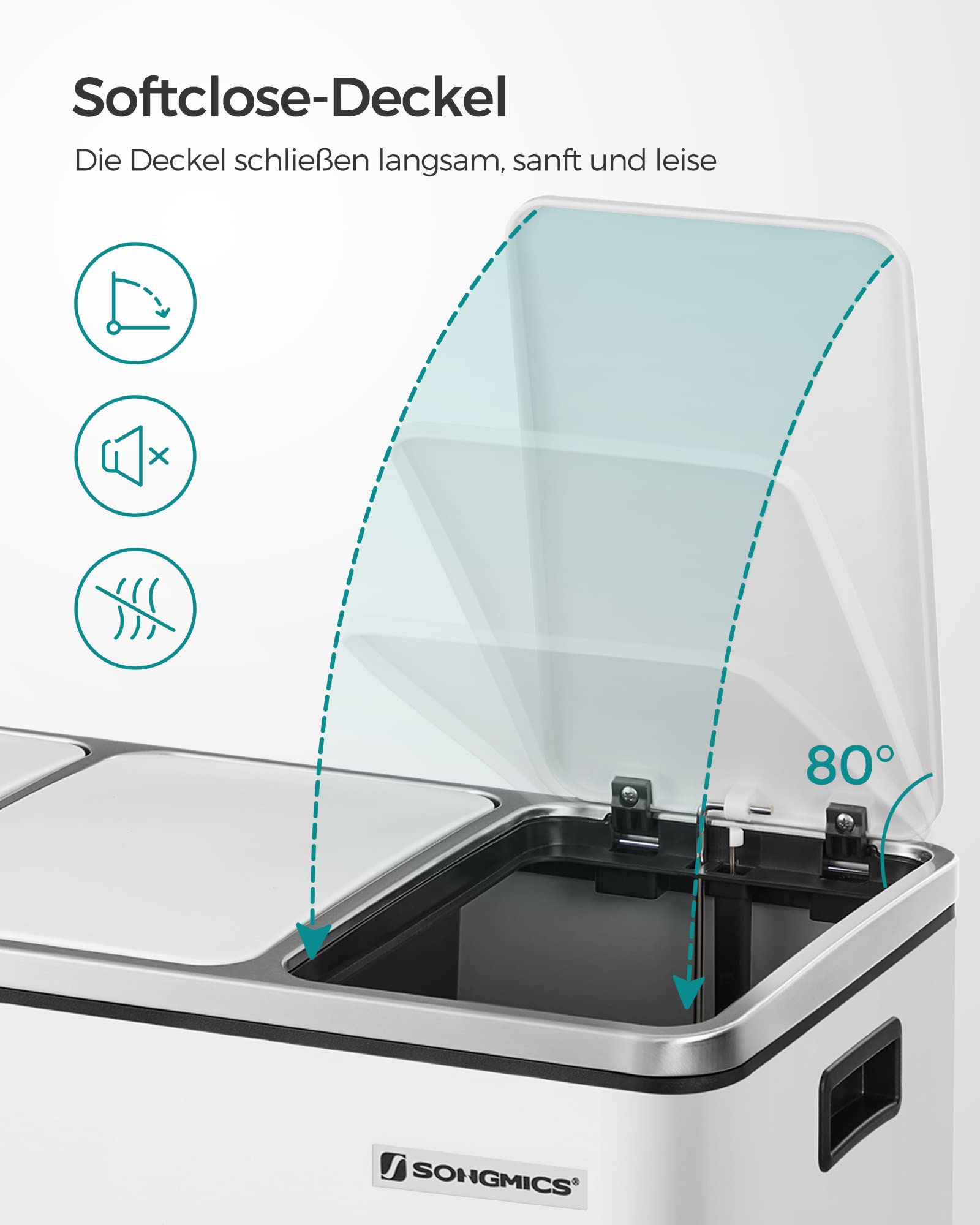 SONGMICS Mülleimer Küche, 3 x 18 L, Mülltrennsystem 3 Fächer, inklusive 15 Müllbeutel, Abfalleimer, Treteimer, für recycelbare Abfälle, Biomüll, mit Deckel, wolkenweiß LTB54WT