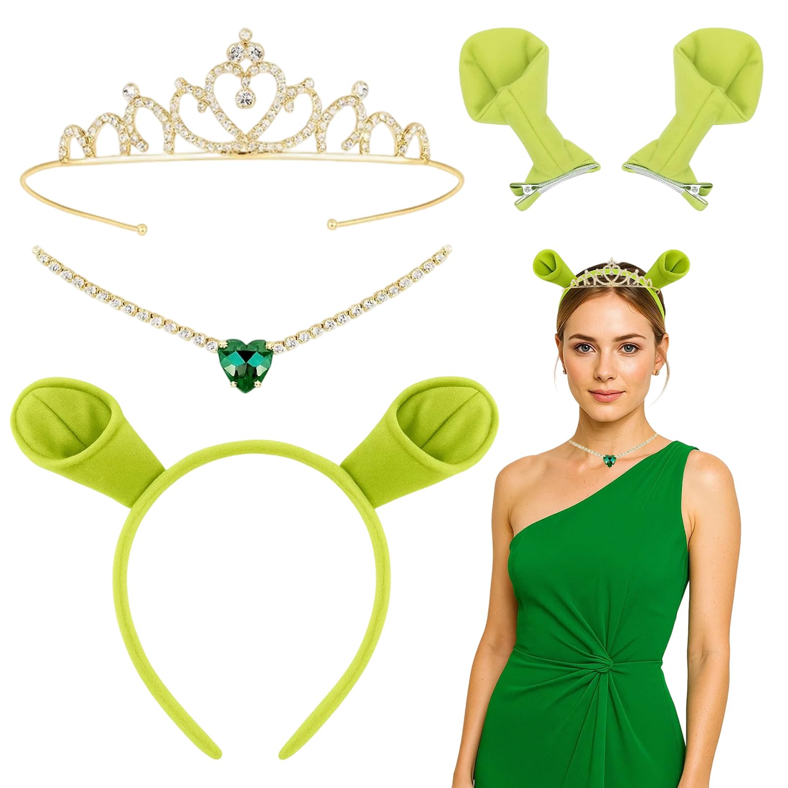 Green Headband, World Book Day Costumes, 5Pcs Cute Ears Headband Set including Crown, Necklace And Hair Clips