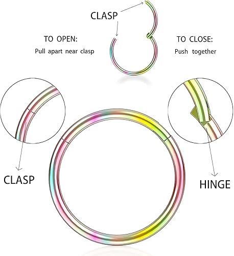 Miniatura 3 de Nose Rings Hoops for Women Men 14G 16G 18G 20G Septum Jewelry 316L Surgical Steel Hinged Segment Ring Body Piercing Nose Hoop Lip Rings Nose Helix