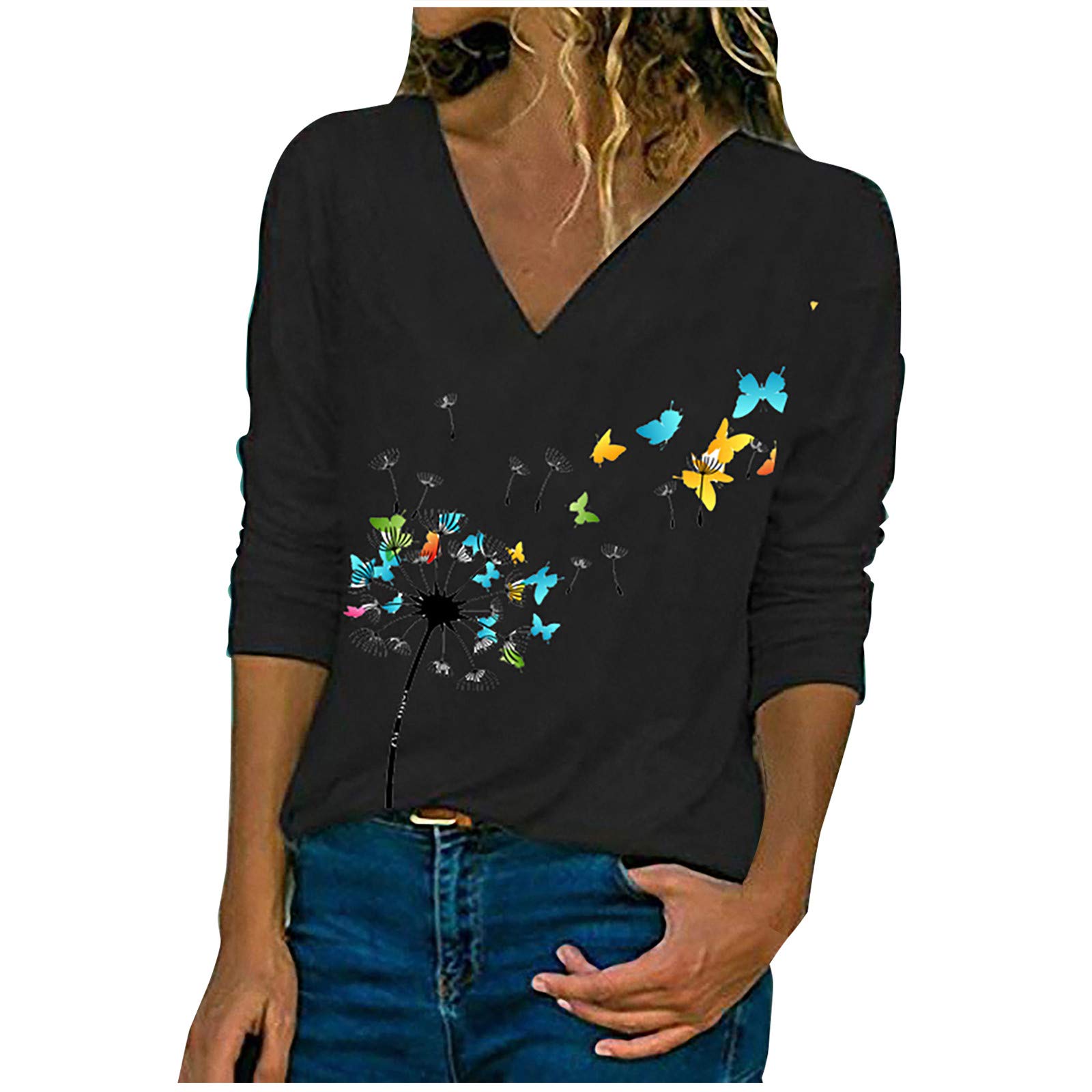 Mikey Store Women's Plus Size V-Neck T-Shirt Flower Print Energetic Loose Pullover T-Shirt Top