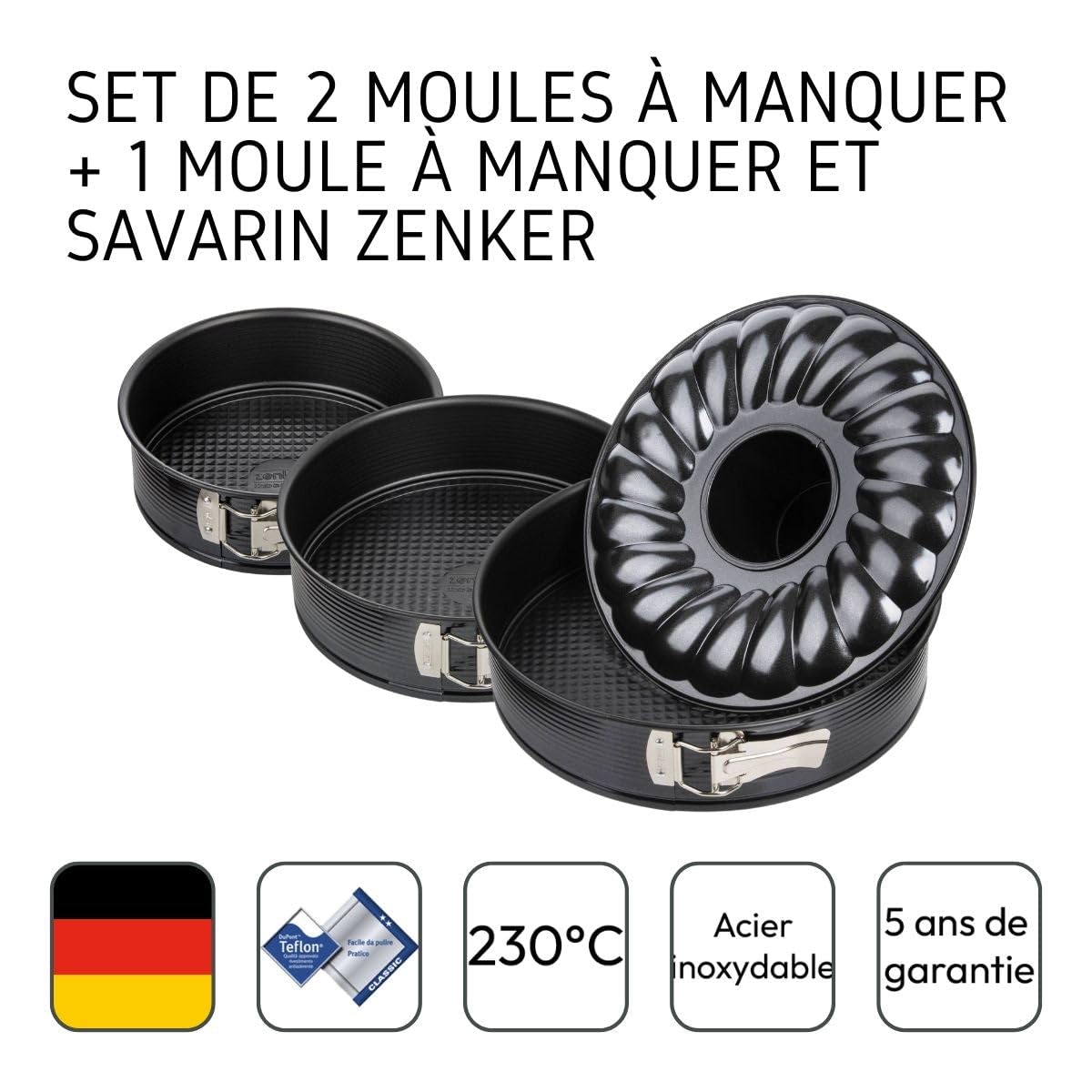 Zenker 9991650 Zestaw 2 foremek do pominięcia + 1 forma do savarin kolekcja Black Metallic, nieodebrana foremka, forma na zawiasach, forma okrągła, forma savarin, stal, czarny, średnica 20 cm + 24 cm