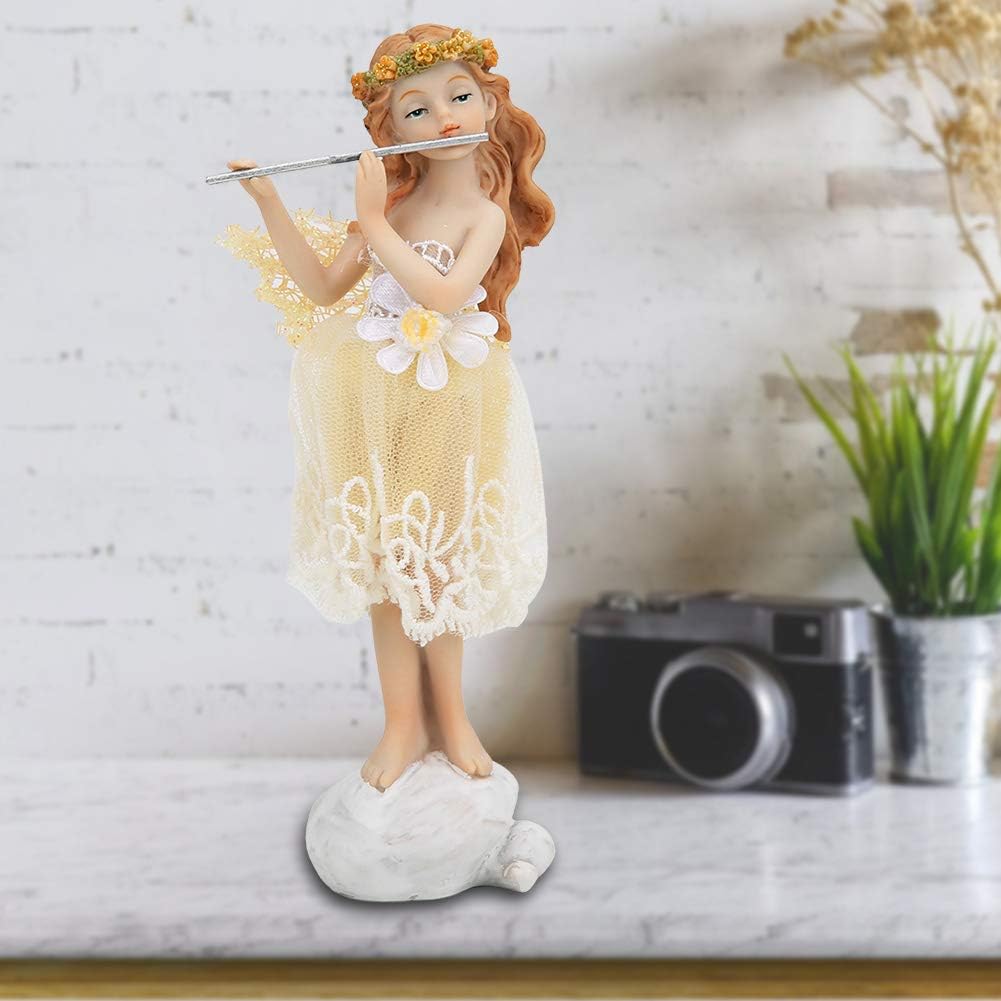 Shipenophy Flower Fairy Playing Flute Figurine Elegant Angel Statue Resin Desk Decoration Decorate Desktop Bedroom Office Study