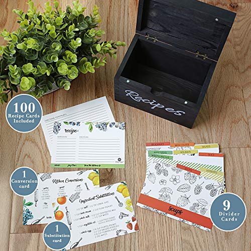 Baking & Beyond Recipe Box, Recipe Card Holder Box With 100 4X6 Inch Recipe Cards, 9 Dividers, 1 Conversion & 1 Substitution Card, Vintage Style Solid Pinewood Recipe Organizer (7X5.3X4, Black) #TOP5