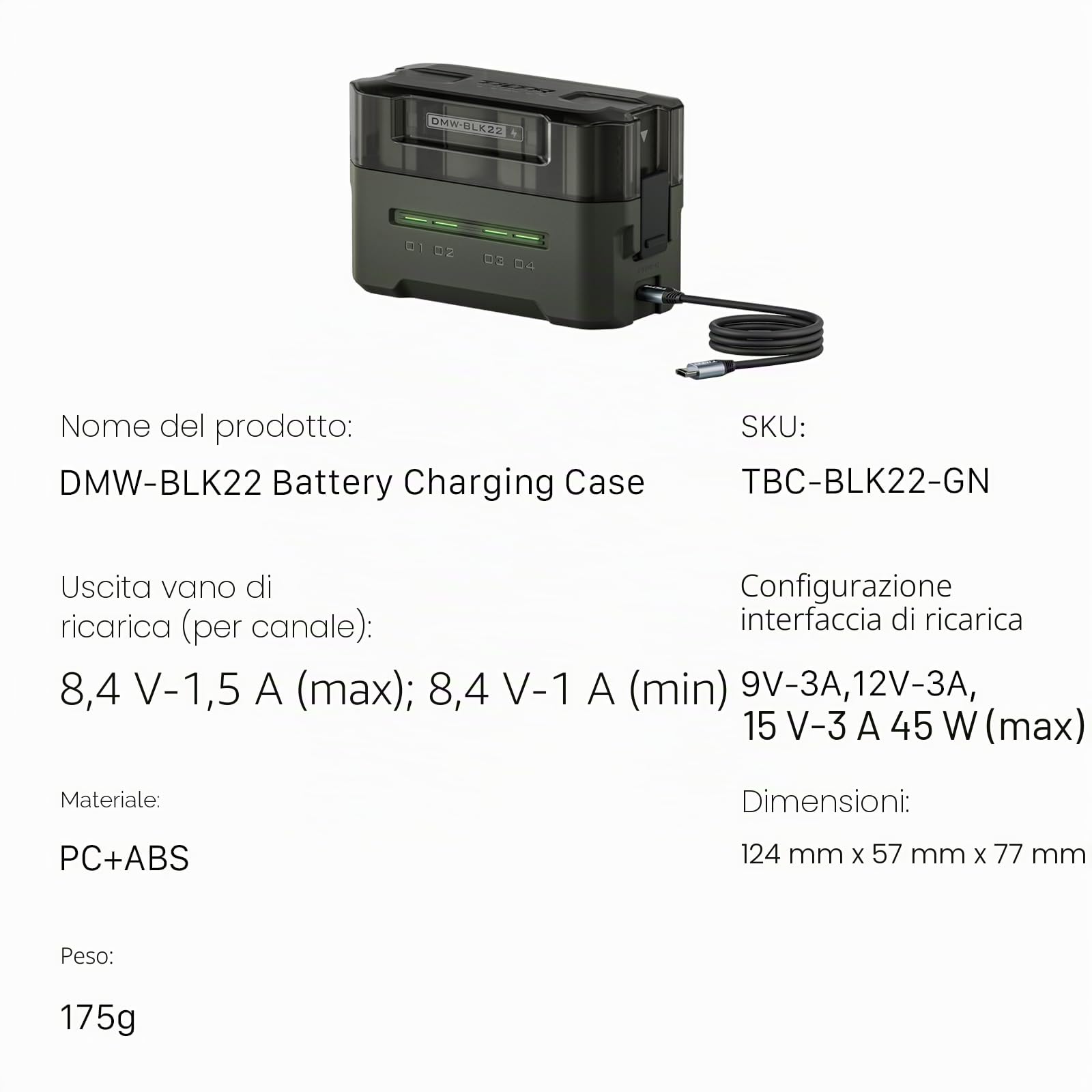 Tilta DMW-BLK22 Caricabatterie Custodia di Ricarica a 4 Canali Compatibile con Batterie DMW-BLK22, Stazione di Ricarica Portatile - Verde TBC-BLK22-GN